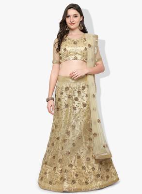 Beige Embroidered Net Unstitched Lehenga With Dupatta 3