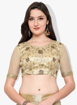 Beige Embroidered Net Unstitched Lehenga With Dupatta 4
