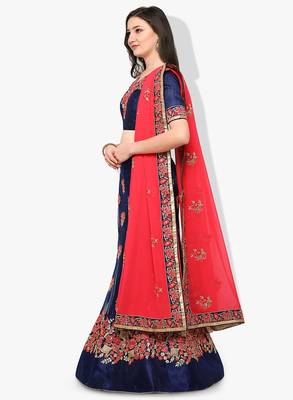 Blue Embroidered Net Unstitched Lehenga With Dupatta 2