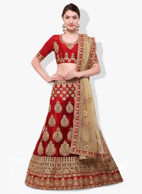 Red Embroidered Net Unstitched Lehenga With Dupatta 1