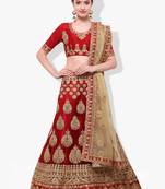 Red Embroidered Net Unstitched Lehenga With Dupatta