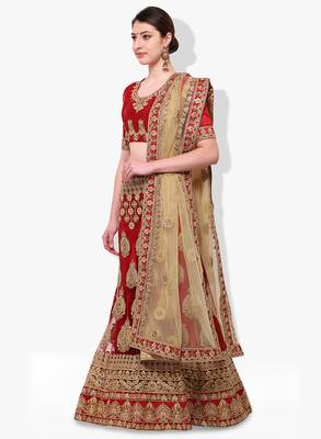 Red Embroidered Net Unstitched Lehenga With Dupatta 2