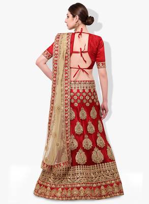 Red Embroidered Net Unstitched Lehenga With Dupatta 3