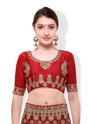 Red Embroidered Net Unstitched Lehenga With Dupatta 4