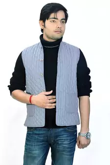 Stylish Pure Cotton Grey Men Quilted Nehru Jacket