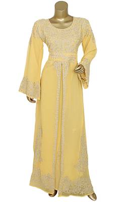 Yellow Embroidered Crystal Embellished Chiffon Kaftan Gown 1