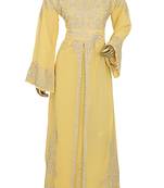 Yellow Embroidered Crystal Embellished Chiffon Kaftan Gown
