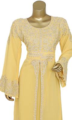 Yellow Embroidered Crystal Embellished Chiffon Kaftan Gown 2
