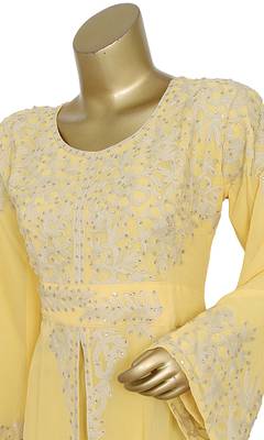 Yellow Embroidered Crystal Embellished Chiffon Kaftan Gown 4