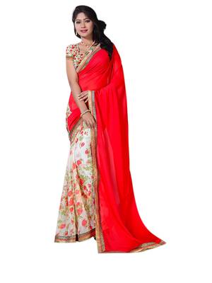 Dark red printed georgette saree with blouse 1