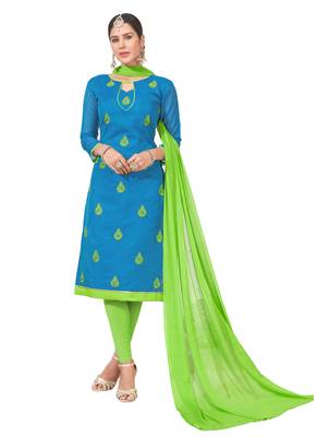  women chanderi Blue embroidery party wear unstiched  salwar suit with dupatta  1