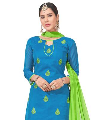  women chanderi Blue embroidery party wear unstiched  salwar suit with dupatta  3