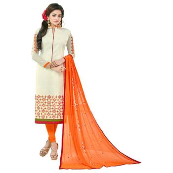 Cream embroidered cotton salwar with dupatta 1