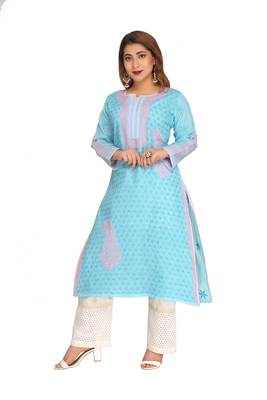 Blue Embroidered Cotton Chikankari Kurti  1