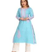 Blue Embroidered Cotton Chikankari Kurti 