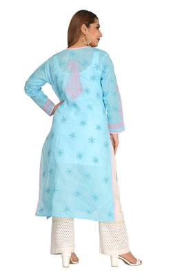 Blue Embroidered Cotton Chikankari Kurti  2
