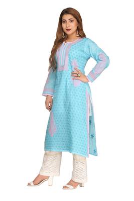 Blue Embroidered Cotton Chikankari Kurti  3