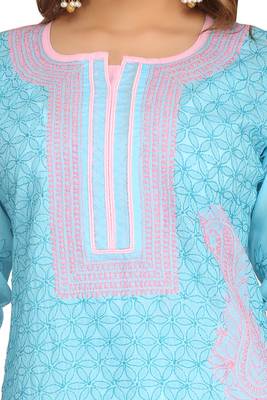 Blue Embroidered Cotton Chikankari Kurti  4