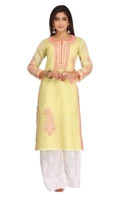 Lemon Embroidered Cotton Chikankari Kurti  1