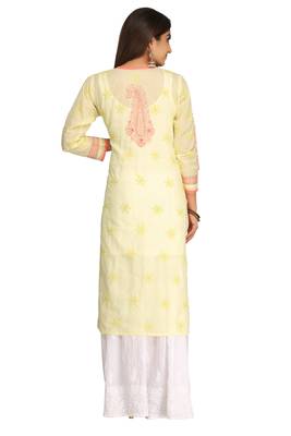 Lemon Embroidered Cotton Chikankari Kurti  2