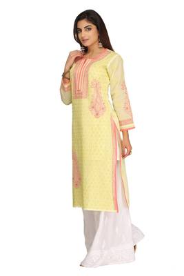 Lemon Embroidered Cotton Chikankari Kurti  3