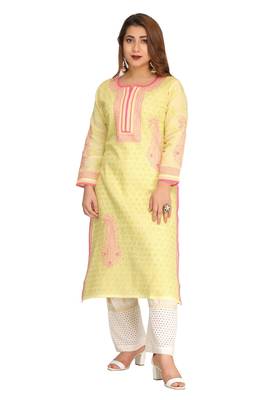 Lemon Embroidered Cotton Chikankari Kurti  2