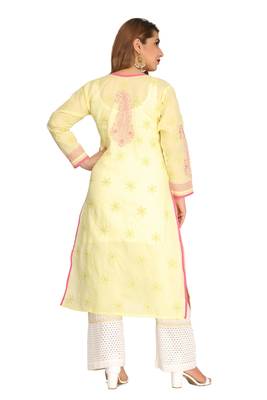 Lemon Embroidered Cotton Chikankari Kurti  3
