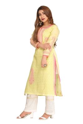 Lemon Embroidered Cotton Chikankari Kurti  4