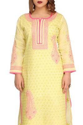Lemon Embroidered Cotton Chikankari Kurti  5