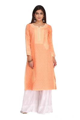 Peach Embroidered Cotton Chikankari Kurti  1