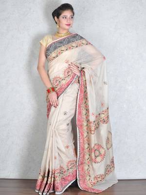 Beige embroidered cotton saree with blouse 1