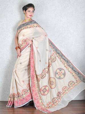Beige embroidered cotton saree with blouse 2