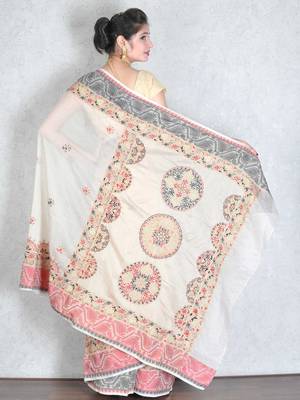 Beige embroidered cotton saree with blouse 3