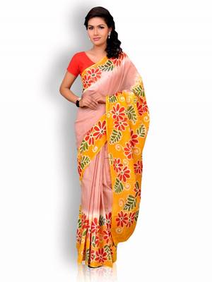 Yellow printed cotton saree with blouse 1