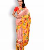 Yellow printed cotton saree with blouse
