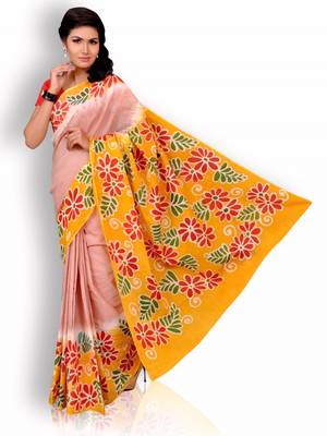 Yellow printed cotton saree with blouse 2