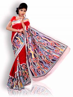 Red printed cotton saree with blouse 1