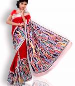 Red printed cotton saree with blouse