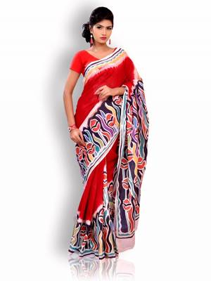 Red printed cotton saree with blouse 2