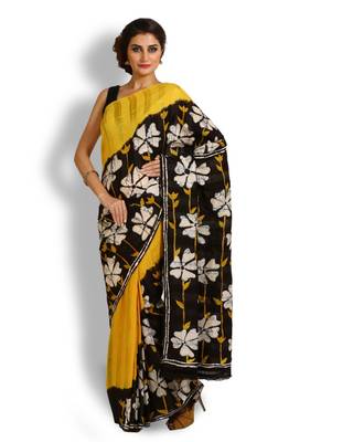Yellow printed silk saree with blouse 1