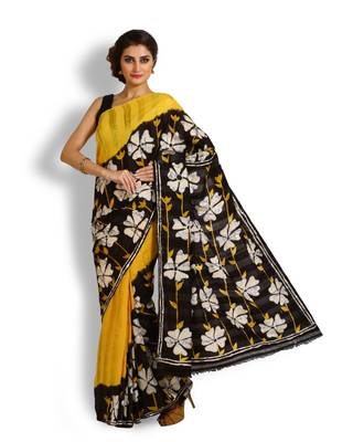 Yellow printed silk saree with blouse 2
