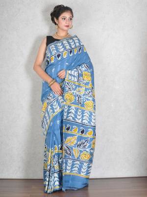 Blue printed silk saree with blouse 1