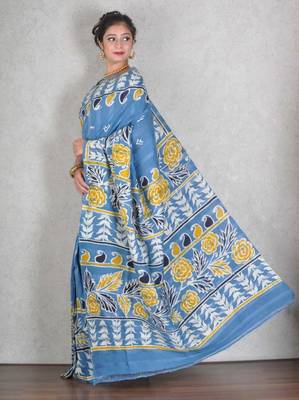 Blue printed silk saree with blouse 2