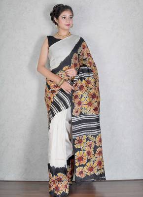 White printed silk saree with blouse 1