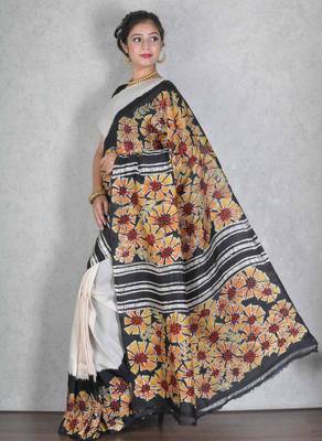 White printed silk saree with blouse 2
