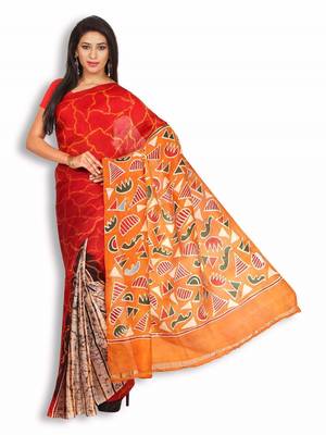 Red printed silk saree with blouse 1