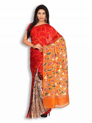 Red printed silk saree with blouse 2