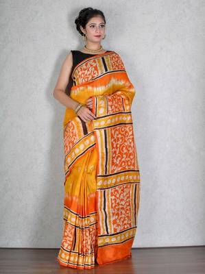 Yellow printed silk saree with blouse 1