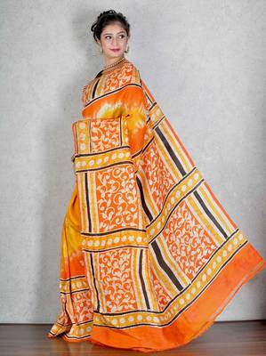 Yellow printed silk saree with blouse 2