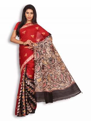 Red printed silk saree with blouse 2